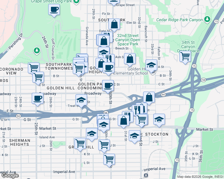 map of restaurants, bars, coffee shops, grocery stores, and more near in San Diego