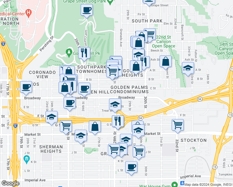 map of restaurants, bars, coffee shops, grocery stores, and more near in San Diego