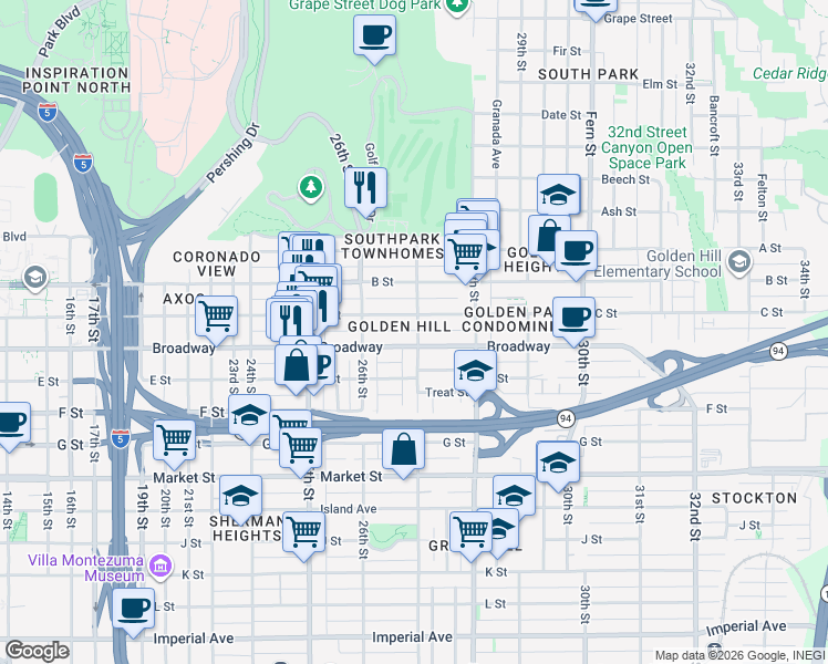 map of restaurants, bars, coffee shops, grocery stores, and more near in San Diego
