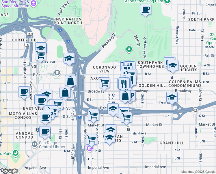 map of restaurants, bars, coffee shops, grocery stores, and more near 1055 22nd Street in San Diego