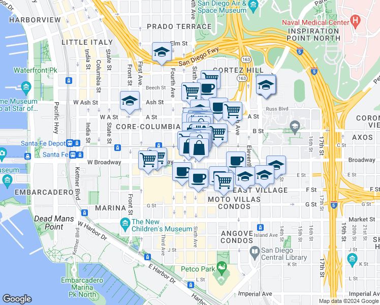 map of restaurants, bars, coffee shops, grocery stores, and more near in San Diego