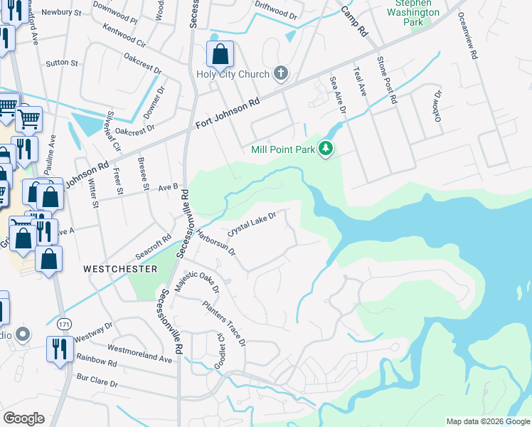 map of restaurants, bars, coffee shops, grocery stores, and more near 1767 Crystal Lake Drive in Charleston