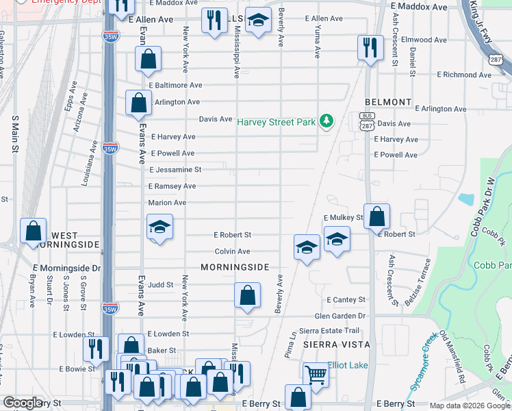 map of restaurants, bars, coffee shops, grocery stores, and more near 1233 Marion Avenue in Fort Worth