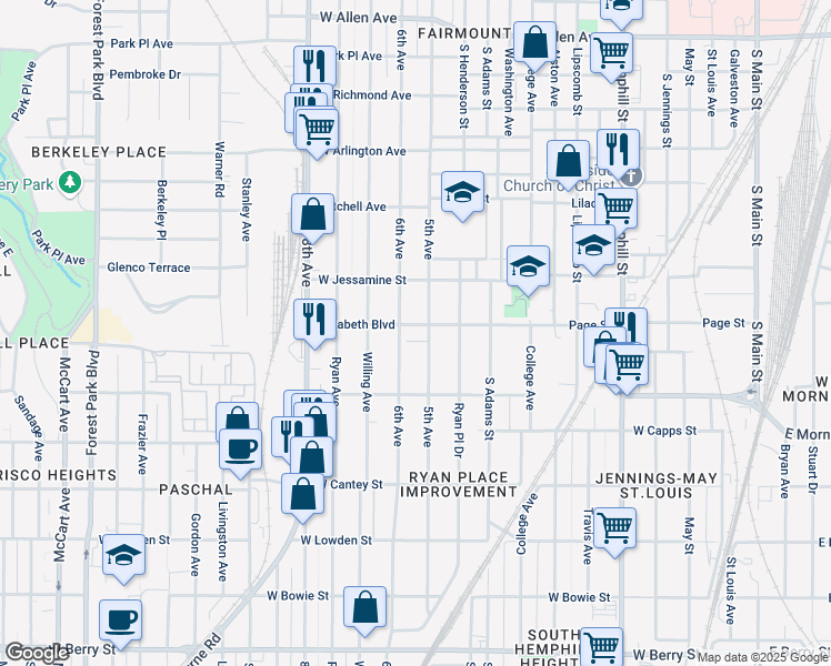 map of restaurants, bars, coffee shops, grocery stores, and more near 1305 Elizabeth Boulevard in Fort Worth
