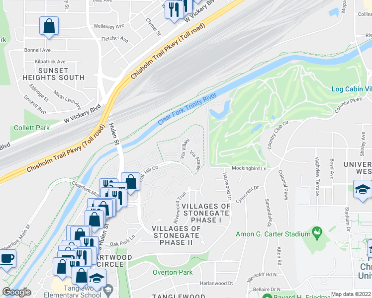 map of restaurants, bars, coffee shops, grocery stores, and more near 2512 Via Nicola in Fort Worth