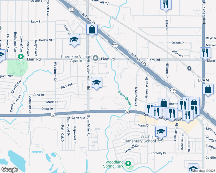 map of restaurants, bars, coffee shops, grocery stores, and more near 314 North Jim Miller Road in Dallas