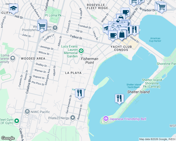 map of restaurants, bars, coffee shops, grocery stores, and more near 776 Rosecrans Street in San Diego