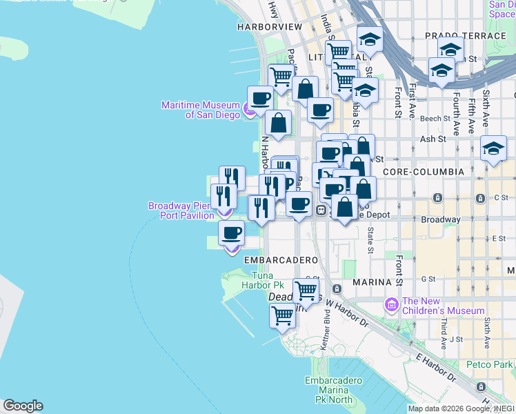 map of restaurants, bars, coffee shops, grocery stores, and more near 1050 North Harbor Drive in San Diego