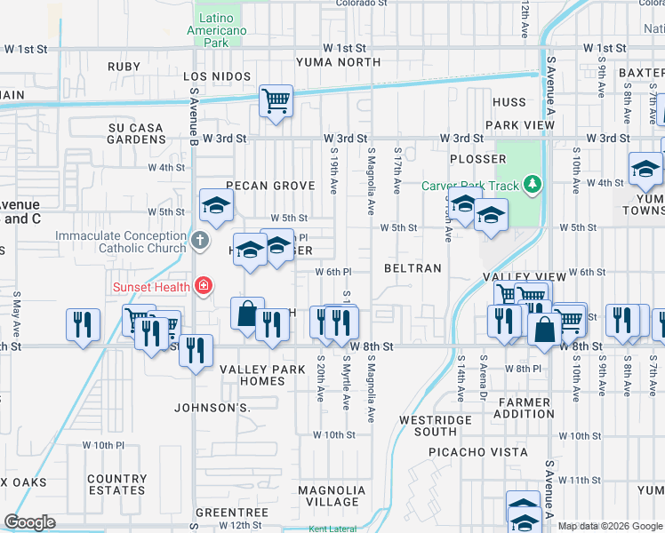 map of restaurants, bars, coffee shops, grocery stores, and more near 1901 W 6th St in Yuma