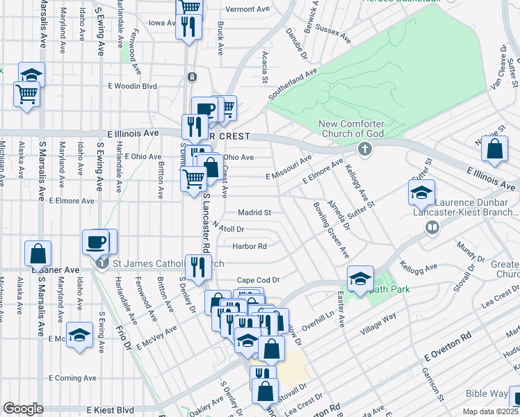map of restaurants, bars, coffee shops, grocery stores, and more near 1551 Madrid Street in Dallas
