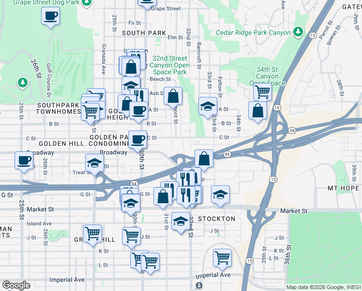 map of restaurants, bars, coffee shops, grocery stores, and more near 1022 Edgemont Place in San Diego