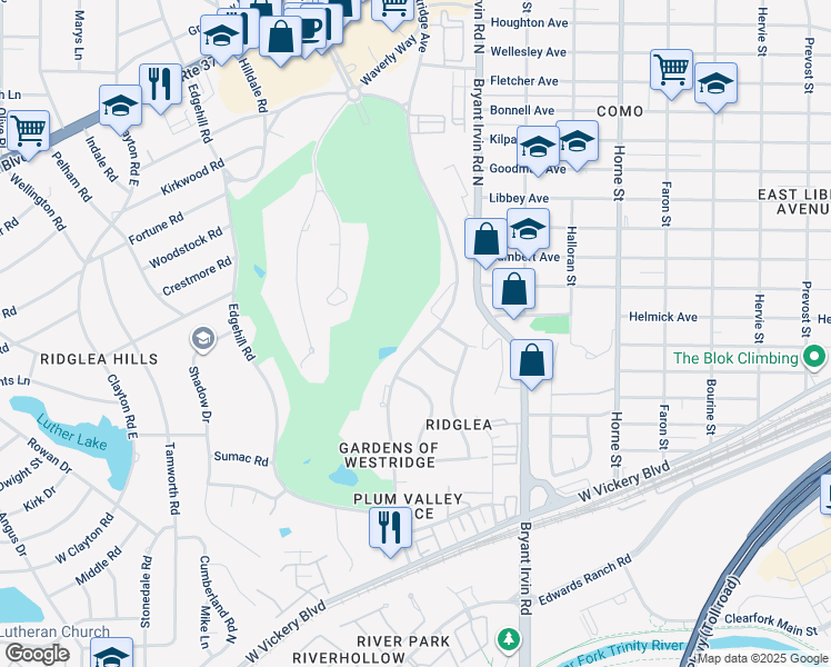 map of restaurants, bars, coffee shops, grocery stores, and more near 4612 Westridge Ave in Fort Worth