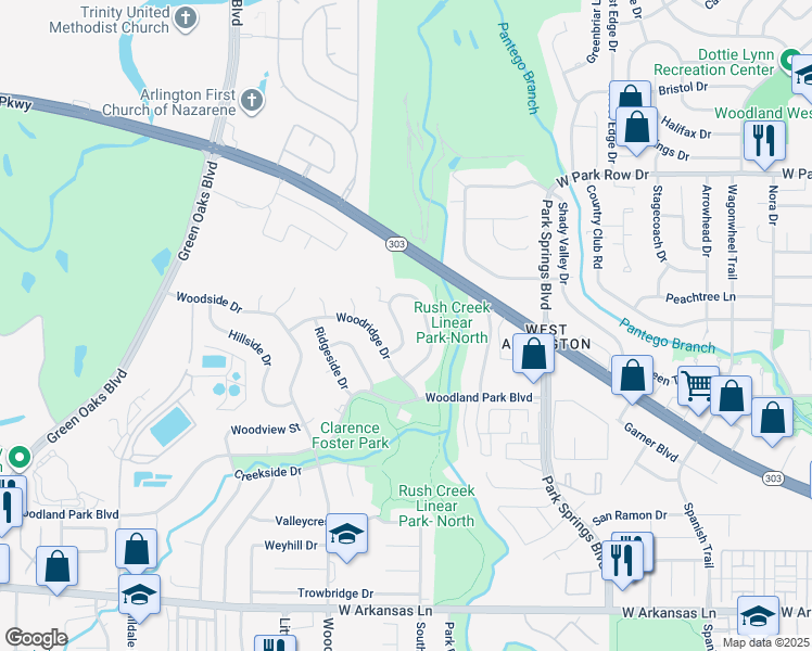 map of restaurants, bars, coffee shops, grocery stores, and more near 1810 Southpark Drive in Arlington