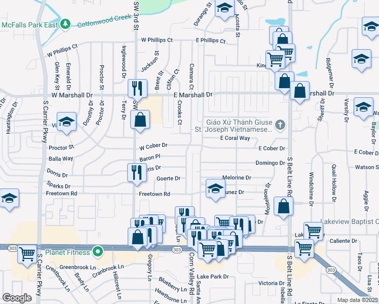 map of restaurants, bars, coffee shops, grocery stores, and more near 2005 Tompkins Drive in Grand Prairie