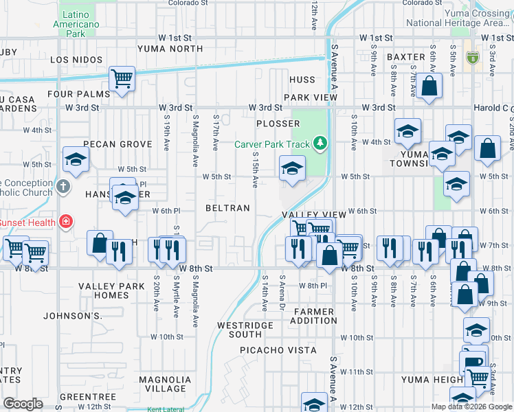 map of restaurants, bars, coffee shops, grocery stores, and more near 567 South 15th Avenue in Yuma