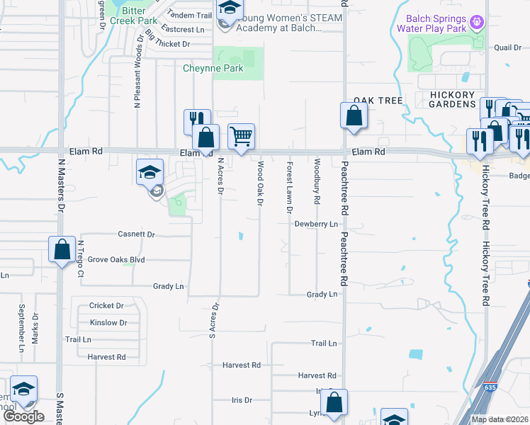 map of restaurants, bars, coffee shops, grocery stores, and more near 3812 Wood Oak Drive in Balch Springs