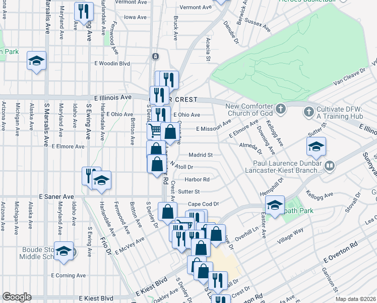 map of restaurants, bars, coffee shops, grocery stores, and more near 1519 Madrid Street in Dallas