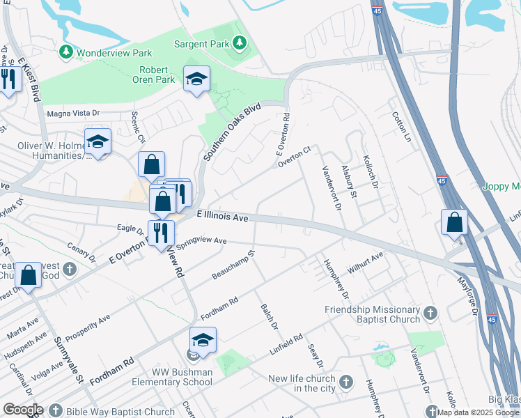 map of restaurants, bars, coffee shops, grocery stores, and more near 3303 East Illinois Avenue in Dallas