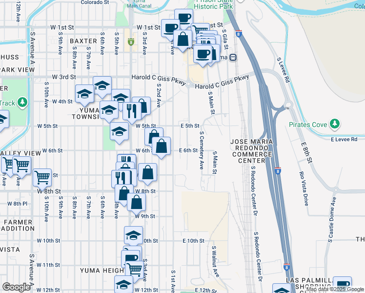 map of restaurants, bars, coffee shops, grocery stores, and more near 575 South Madison Avenue in Yuma