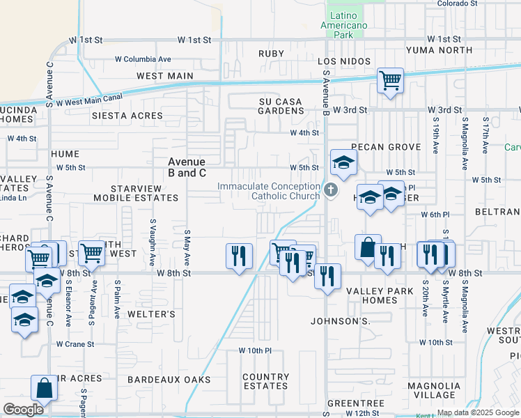 map of restaurants, bars, coffee shops, grocery stores, and more near 2854-2924 W Clifford Ln in Yuma