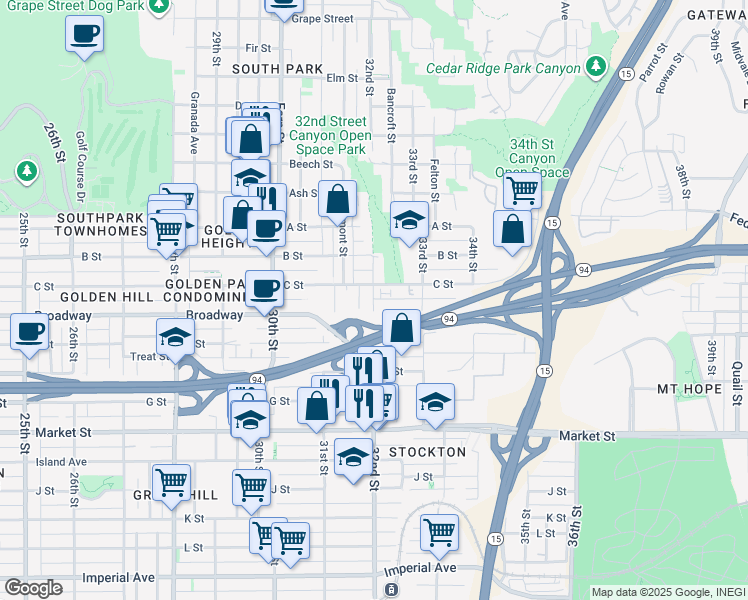 map of restaurants, bars, coffee shops, grocery stores, and more near in San Diego