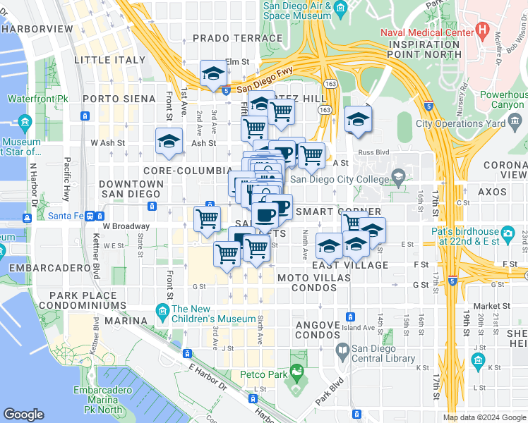 map of restaurants, bars, coffee shops, grocery stores, and more near 605 C Street in San Diego