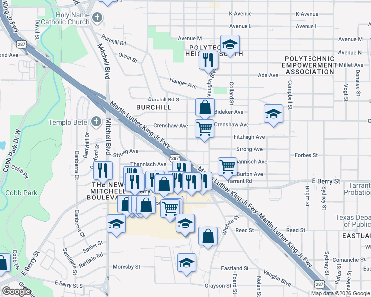 map of restaurants, bars, coffee shops, grocery stores, and more near 2929 Strong Avenue in Fort Worth