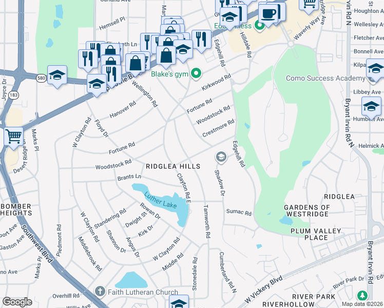 map of restaurants, bars, coffee shops, grocery stores, and more near 3921 Tamworth Road in Fort Worth