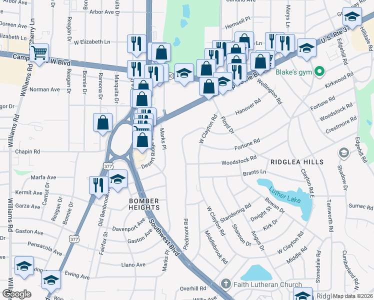 map of restaurants, bars, coffee shops, grocery stores, and more near 3816 West Clayton Road in Fort Worth