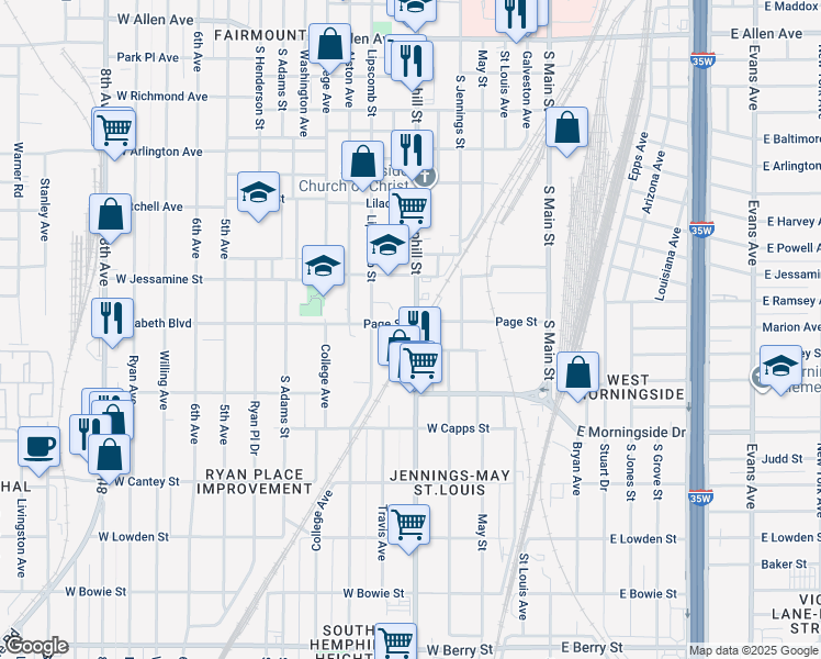 map of restaurants, bars, coffee shops, grocery stores, and more near 2400 Hemphill Street in Fort Worth