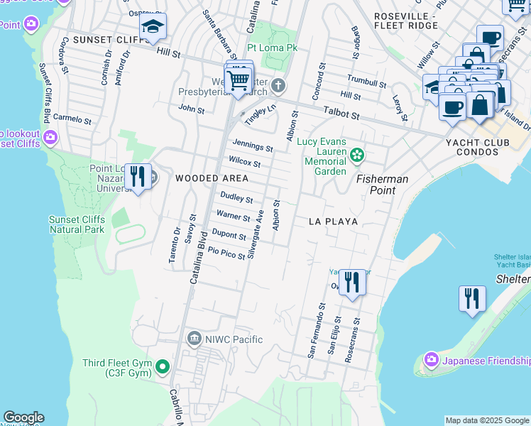 map of restaurants, bars, coffee shops, grocery stores, and more near 675 Silvergate Avenue in San Diego