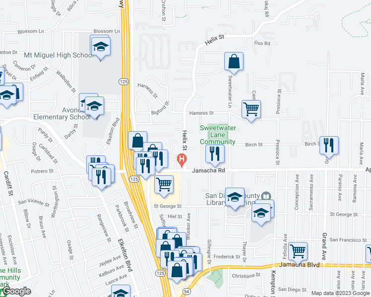 map of restaurants, bars, coffee shops, grocery stores, and more near 1229 Helix Street in Spring Valley