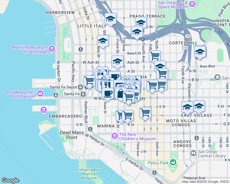 map of restaurants, bars, coffee shops, grocery stores, and more near 220 West Broadway in San Diego