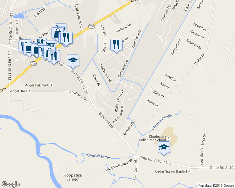 map of restaurants, bars, coffee shops, grocery stores, and more near 3589 Walkers Ferry Lane in Johns Island