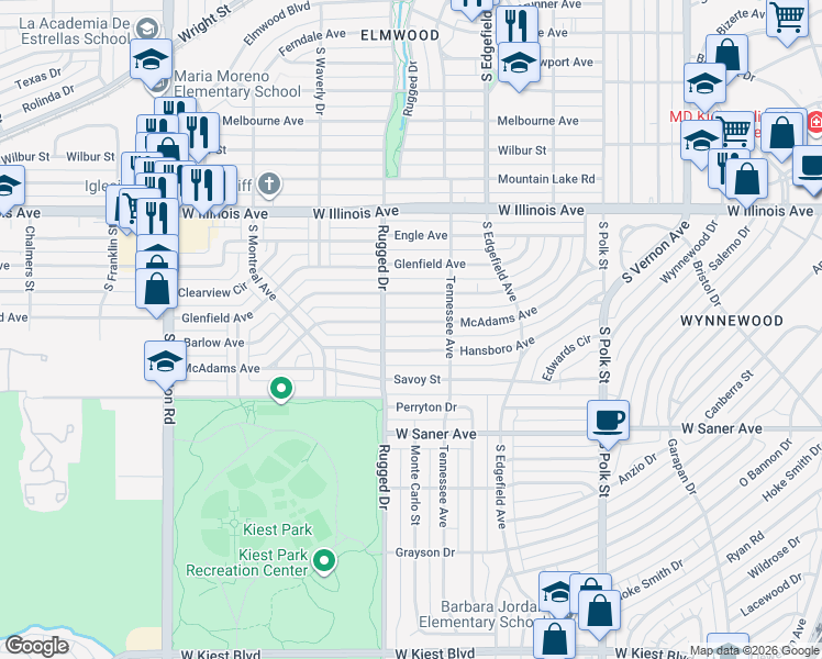map of restaurants, bars, coffee shops, grocery stores, and more near 1634 McAdams Avenue in Dallas