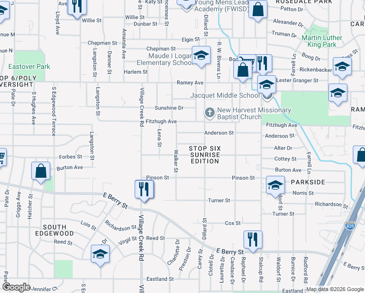 map of restaurants, bars, coffee shops, grocery stores, and more near 5108 Sears Drive in Fort Worth
