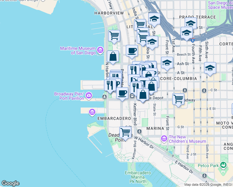 map of restaurants, bars, coffee shops, grocery stores, and more near 900 Bayfront Court in San Diego