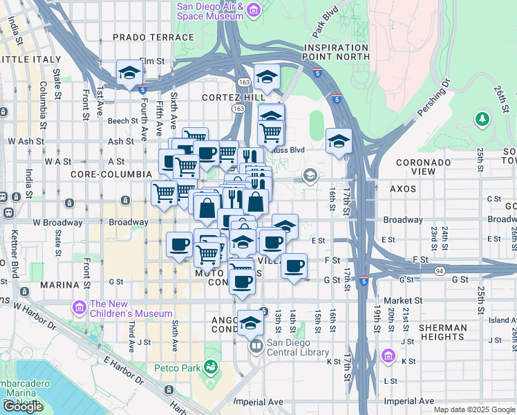 map of restaurants, bars, coffee shops, grocery stores, and more near 1080 Park Boulevard in San Diego