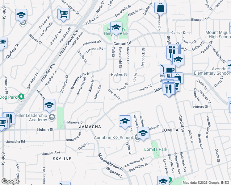 map of restaurants, bars, coffee shops, grocery stores, and more near 7553 Zemco Drive in Lemon Grove