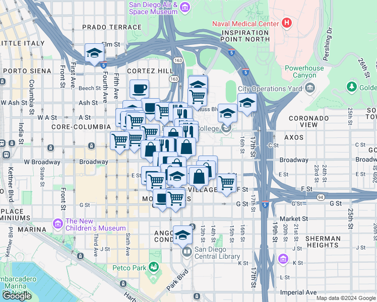 map of restaurants, bars, coffee shops, grocery stores, and more near in San Diego