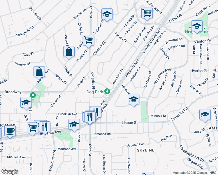 map of restaurants, bars, coffee shops, grocery stores, and more near 6980 Avalon Way in Lemon Grove