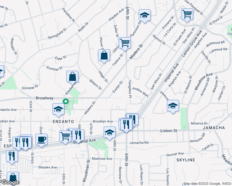map of restaurants, bars, coffee shops, grocery stores, and more near 1045 Evelyn Street in San Diego
