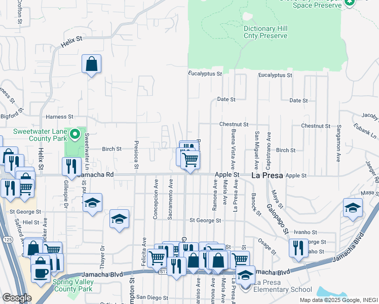 map of restaurants, bars, coffee shops, grocery stores, and more near 1121 Grand Avenue in Spring Valley
