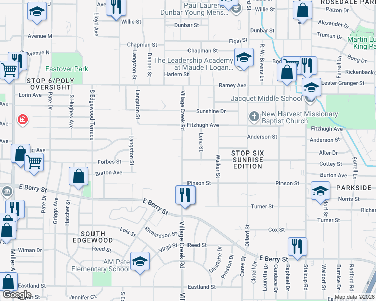 map of restaurants, bars, coffee shops, grocery stores, and more near 2807 Village Creek Road in Fort Worth