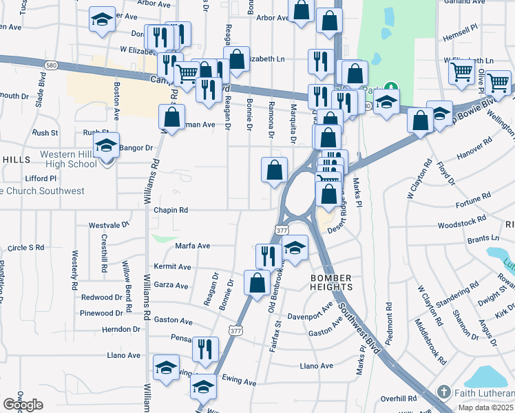 map of restaurants, bars, coffee shops, grocery stores, and more near 7508 Chapin Road in Fort Worth