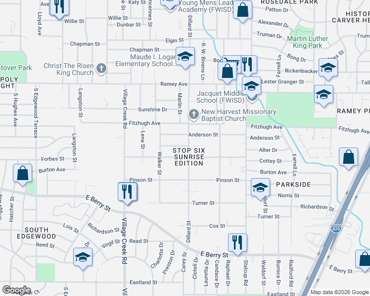 map of restaurants, bars, coffee shops, grocery stores, and more near 5140 Sears Drive in Fort Worth
