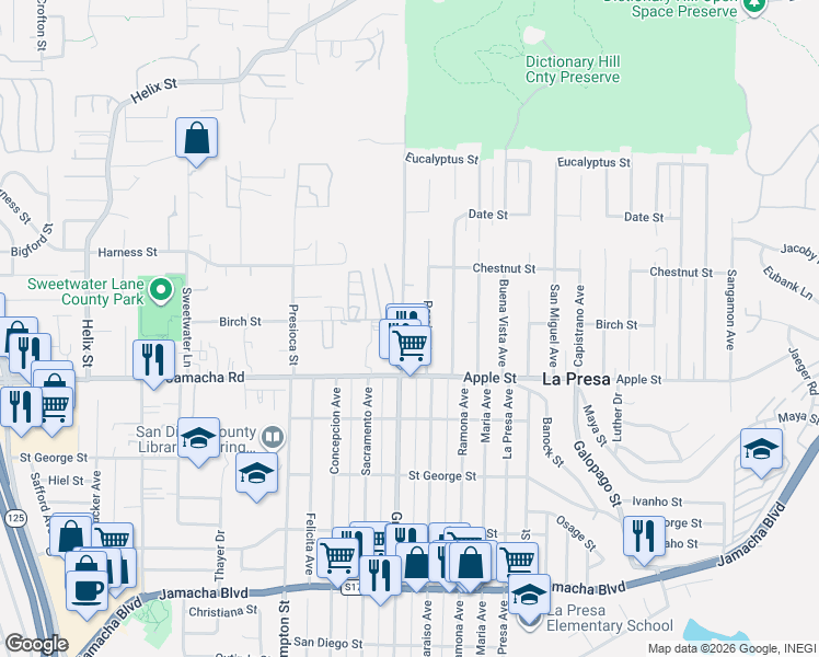 map of restaurants, bars, coffee shops, grocery stores, and more near 1121 Grand Avenue in Spring Valley