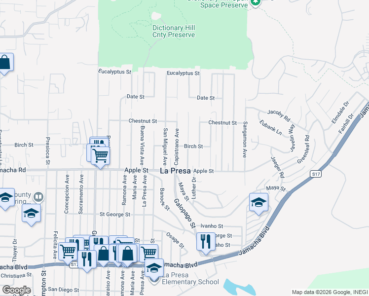 map of restaurants, bars, coffee shops, grocery stores, and more near 9653 Birch Street in Spring Valley
