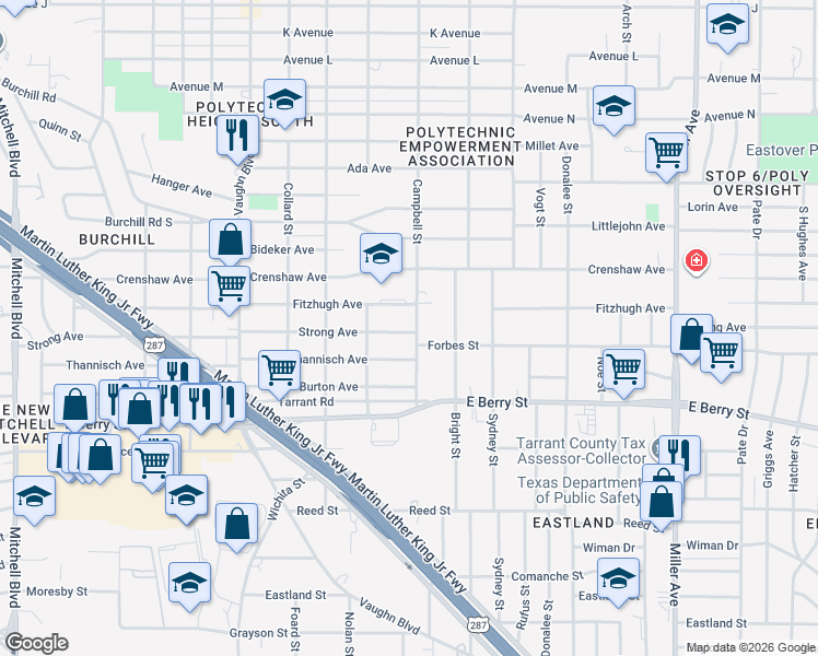map of restaurants, bars, coffee shops, grocery stores, and more near 3537 Strong Avenue in Fort Worth