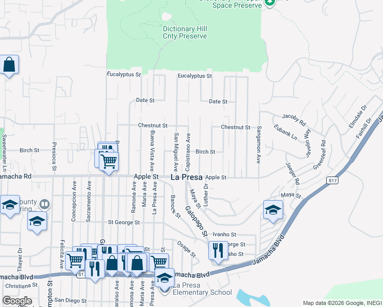 map of restaurants, bars, coffee shops, grocery stores, and more near 9653 Birch Street in Spring Valley
